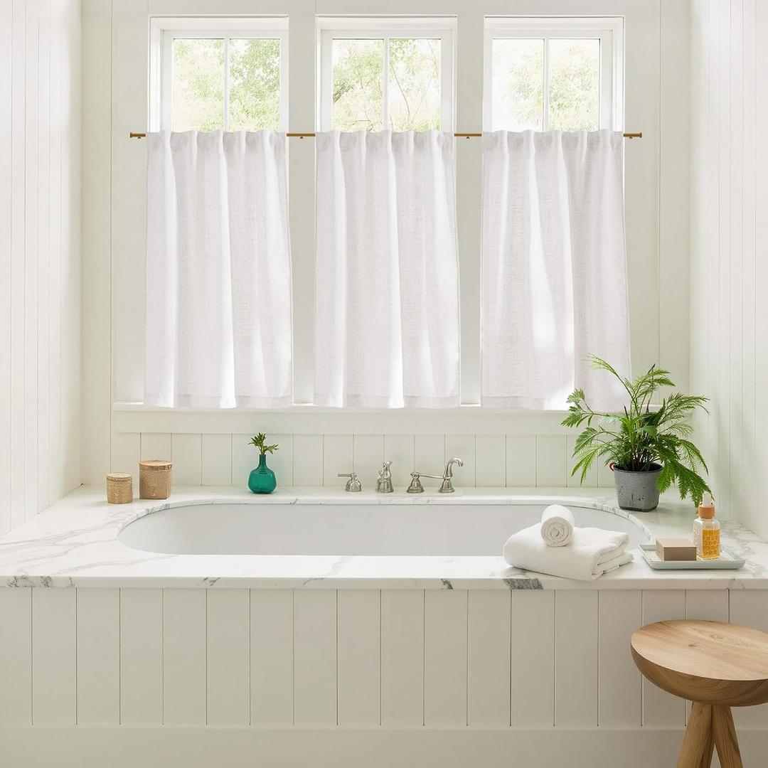 NICETOWN Natural Thick Linen (230GSM) Kitchen Window Curtains Over Sink, Back Tab & Rod Pocket with Pleat Tab Upmarket Linen Blend Light Filtering Drapes for Cafe, W29 x L30, 2 Panels