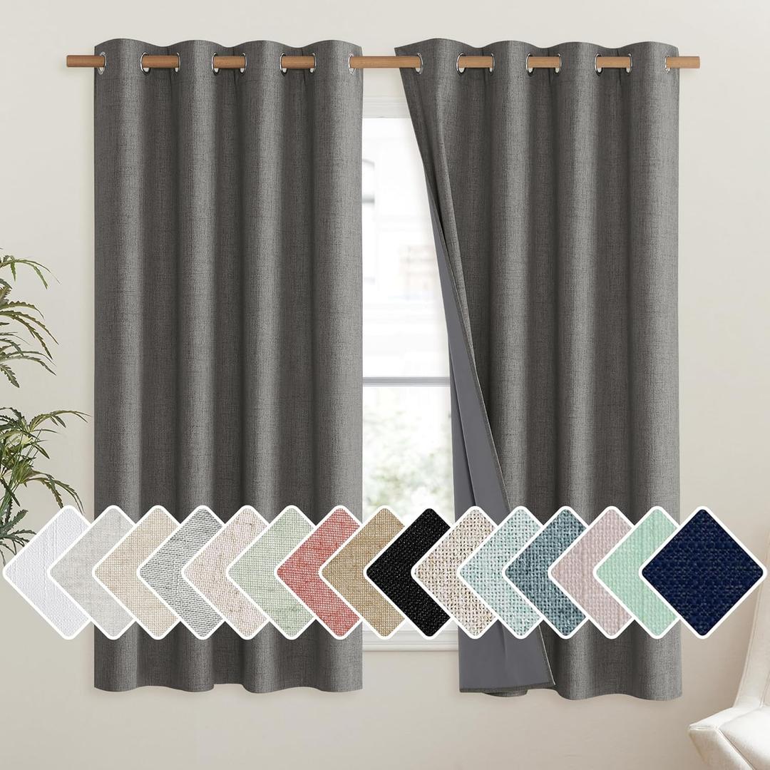 NICETOWN Grizzle Gray Vintage Linen 100% Blackout Curtains for Living Room, Thermal Insulated Curtains 63" Long, Noise Reducing Window Treatment Drapes for Hall Room, 52" Wide Per Panel, Set of 2