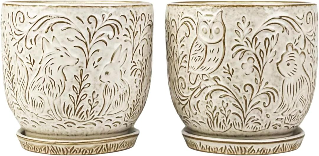 Decorative Ceramic Planter Pot with Saucer, Brown with Gold and Silver Owl Pattern, Indoor Garden Container with Drainage (White, 6 inch)