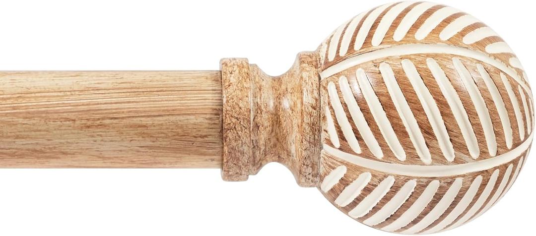 Zeerobee Wood Curtain Rods for Windows 32 to 48, 1 Inch Heavy Duty Drapery Rods with Imitation Wood Grain Leaf Pattern Finials, Indoor/Outdoor Modern Curtain Pole, 32"-48", Brown