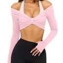 LASLULU Women's Long Sleeve Workout Tops Sexy Twist Front Bolero Shrugs Yoga Gym Ballet Wrap Tops Pilates Outfits (Light Pink, Small)