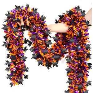 50FT Halloween Decorations Tinsel Garland, Orange Purple Shiny Metallic Tinsel Twist Hanging Streamers Garland with Black Maple Leaf for Halloween Home Tree Stair Indoor Outdoor Party Decor Supplies