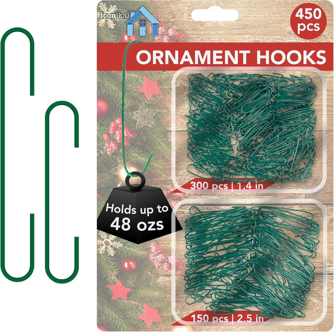Iconikal 450-Count Green Ornament Hooks Heavy Duty 1.4 & 2.5-Inch Christmas Tree Hangers for Large and Small Decorations Blends with Tree Bulk Pack