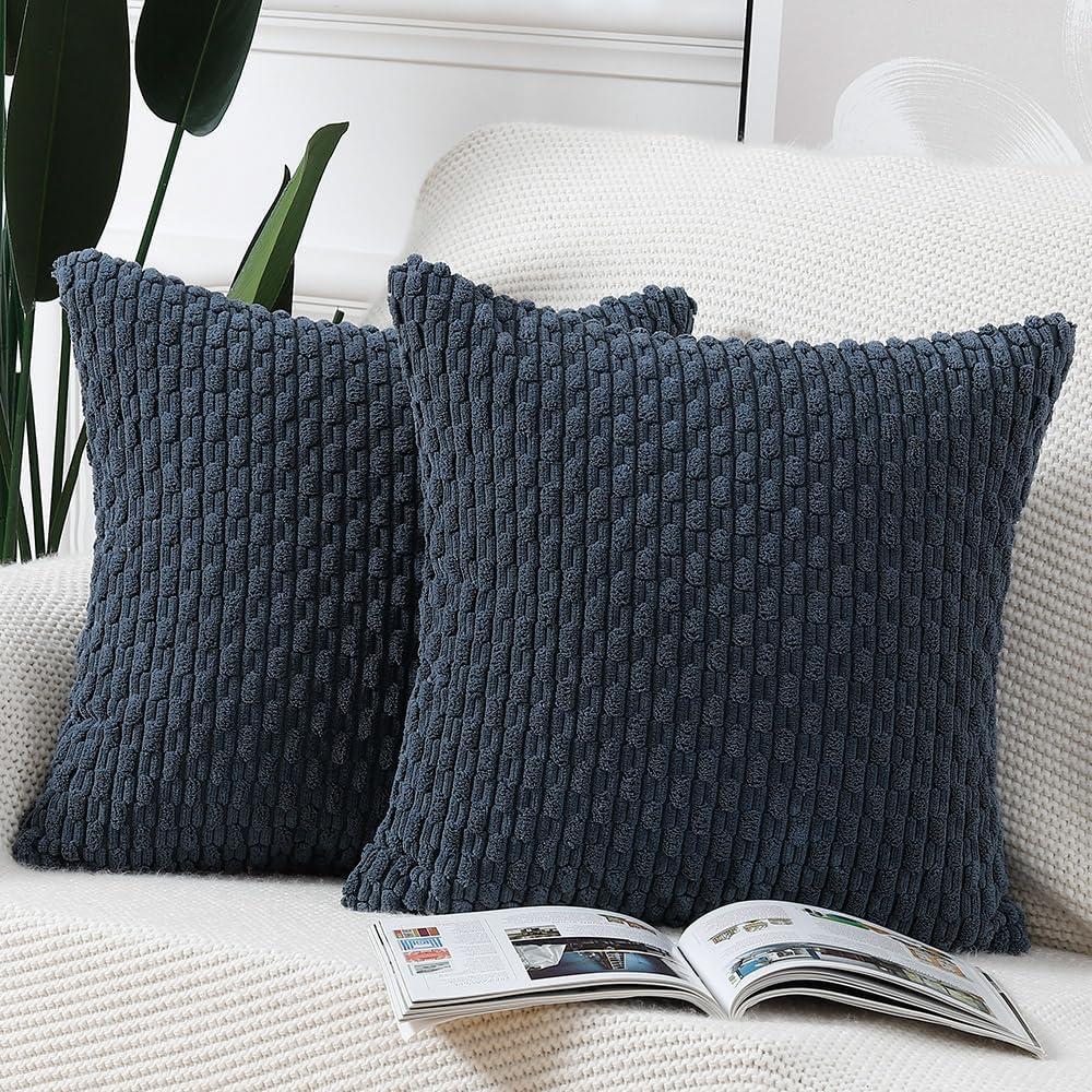 MADIZZ Pack of 2 Boho Corduroy Striped Throw Pillow Covers 16x16 Inch Dark Blue Soft Decorative Cushion Cover for Bedroom Sofa Pillow Shell
