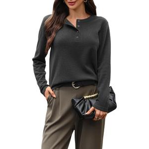 Women's 100% Wool Sweater Henley Crew Neck Knit Pullover Sweater Half Button up Jumper Office Casual Outfits (Black, S)
