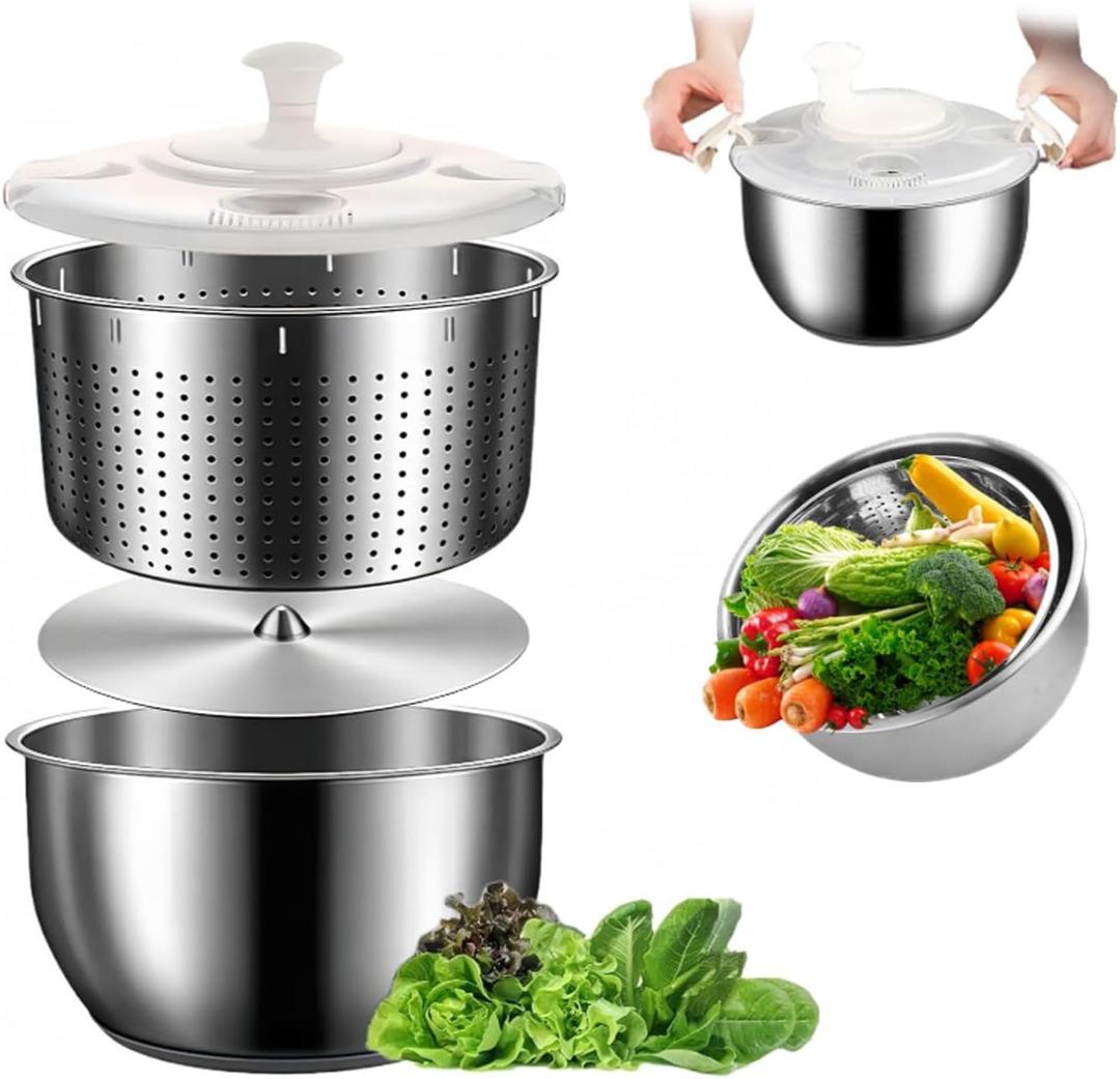 DuZhiLixon 6LStainless Steel Salad Rotator, NonSlip Base, Vegetable Dishwasher, MultiUse Lettuce Spinner, Kitchen Strainers.
