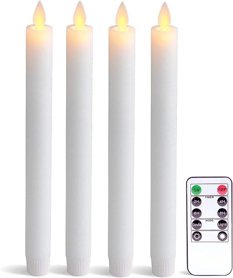 Eldnacele Flameless Taper Candles with Remote Timer, Moving Wick LED Window Candles Battery Operated Real Wax Candlesticks for Christmas Dinner Party Home Decoration 4 Pack(White)