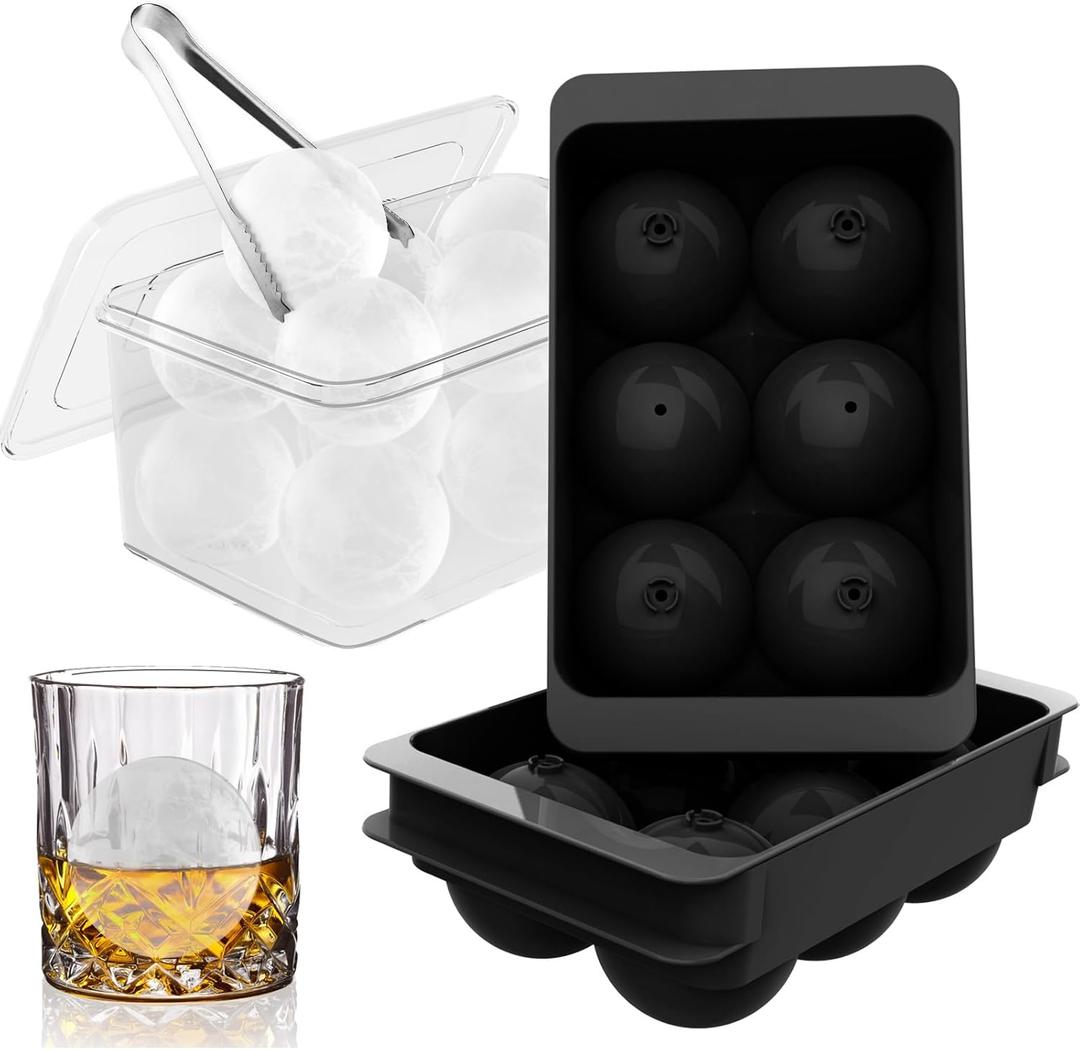 WIBIMEN Large Ice Cube Molds, Big Round Whiskey Ice Cube Trays for Freezer, Easy to Fill & Release, Whiskey Bourbon Cocktail(1.9In*6 Balls- Black/2 Pack)