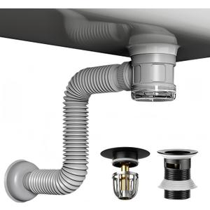 Bathroom Sink Drain Kit with Flexible Expandable Pipe: Odor-Free & Backflow-Preventing, Space-Saving Design without a P-trap, For 1-1/4'' & 1-1/2'' Drain Hole (Black, With Overflow)