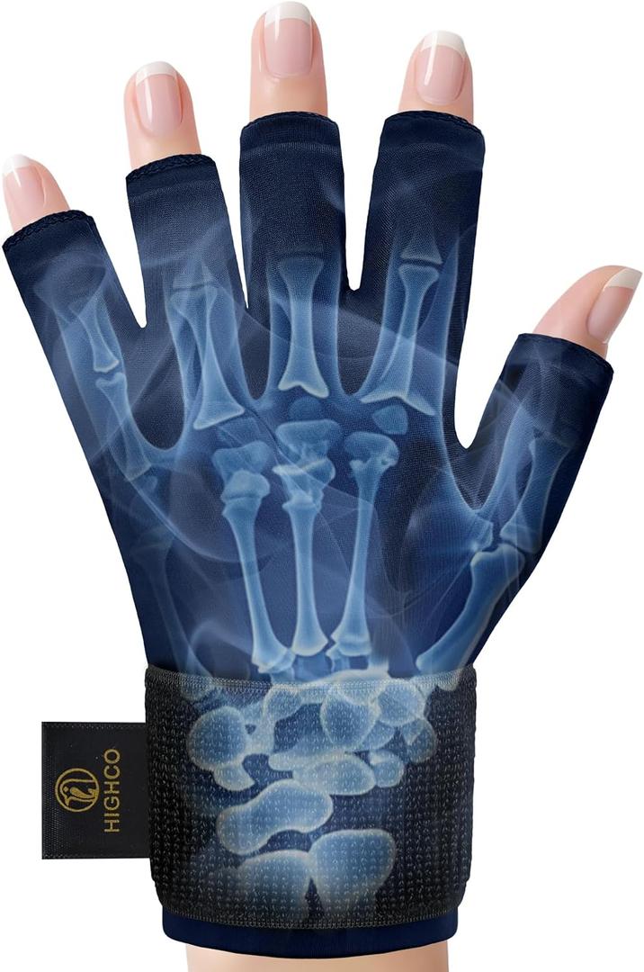 highco Compression Hand LCE Pack Glove for Arthritis Pain Relief Adjustable Wrist Strap LCE Pack Wrap for Hand and Fingers (Navy Blue, Large)