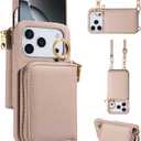 Wallet Case for iPhone 17 Pro 6.3 inch with Shoulder Strap Ring Buckle, Zipper Flip Organ Purse, Credit Card Holder Stand Full Body Cell Phone Cover for i Phone17 i17 17Pro Women Men Khaki