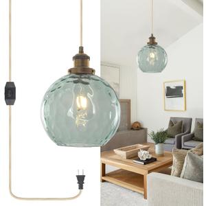 Plug in Pendant Light, Handblown Glass Pendant Light with Dimmable Switch Hanging Lights with Plug in Cord 15ft, Hanging Lamp Plug in for Dining Living Room Kitchen Island Bedroom (Green)