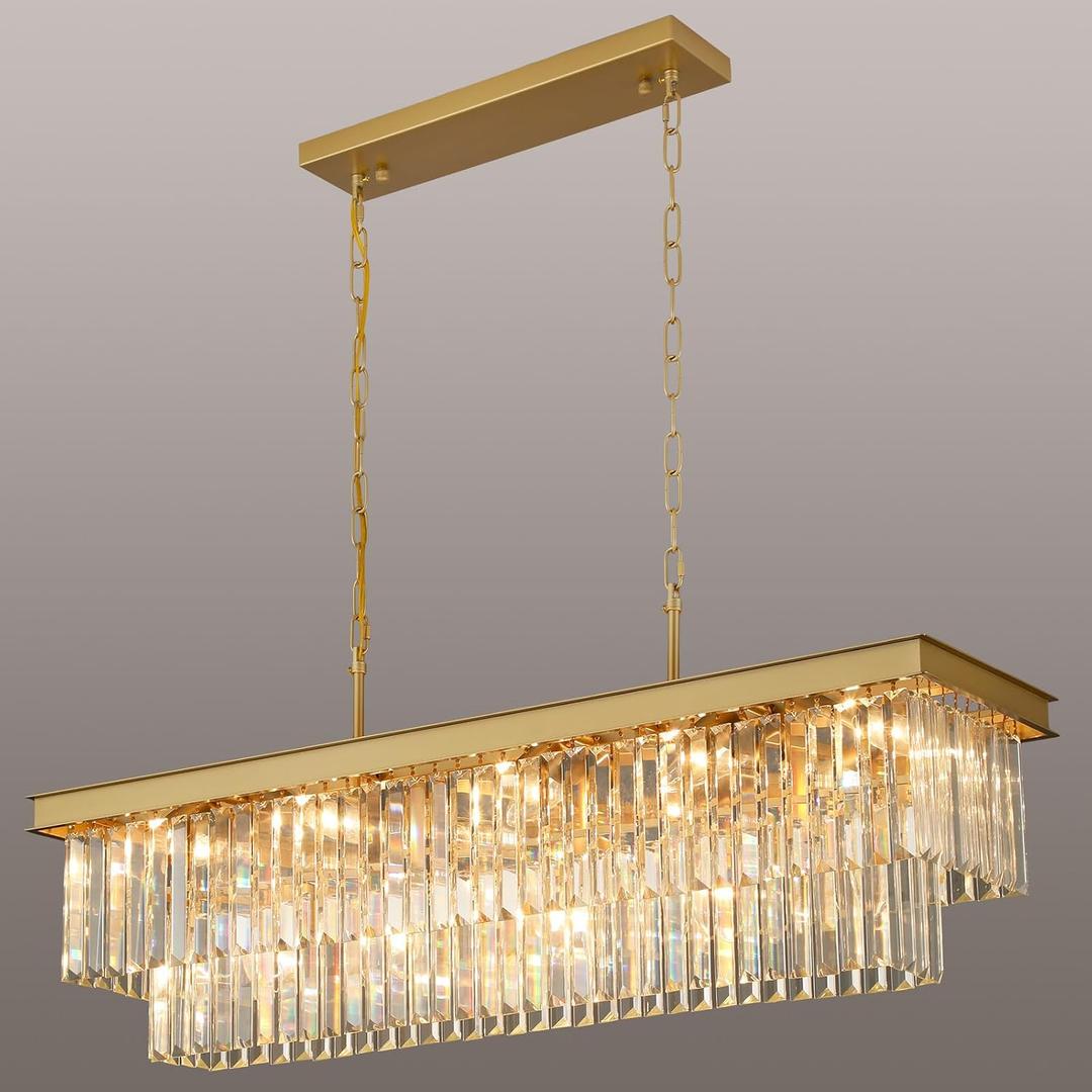 Weesalife Crystal Chandeliers for Dining Room Light Fixtures Over Table，15-Lights Gold Modern Rectangle Chandeliers for Kitchen Island Bar, L40'' - 15 Lights