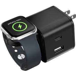 36W for Apple Charging Block with Built-in Watch Charger, Foldable PD Fast Charger Block for iPhone, Dual Ports Wall Charger Compatible with Apple Watch iPhone AirPods(Black)