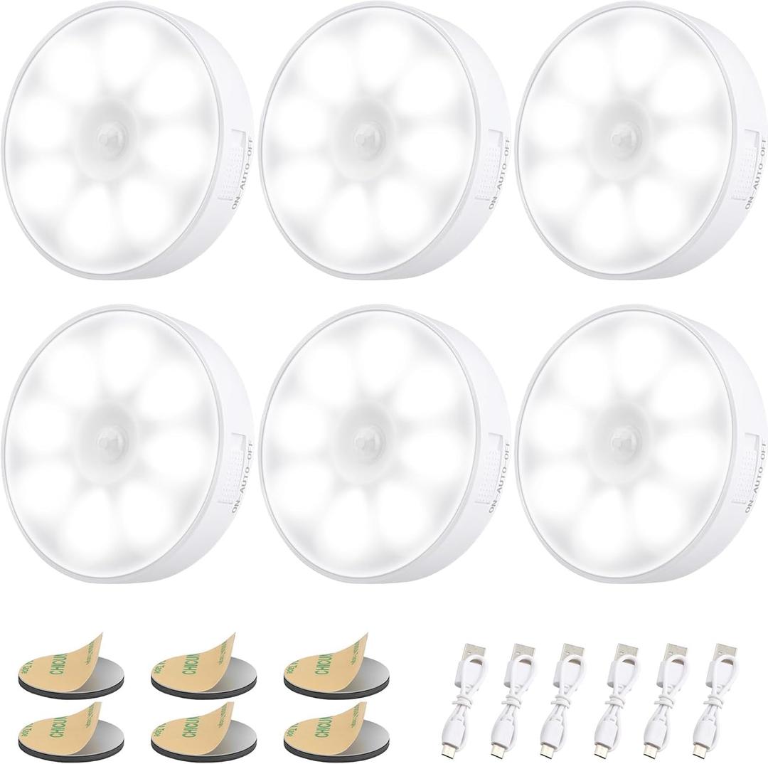 6 Pack Motion Sensor Light Indoor [8 LEDs], Electight Night Light USB Rechargeable, 400 mAh Battery & 3 Light Modes, Cordless Magnetic Sticker Nightlight, for Stair, Closet, Hallway - 6000K Cold White