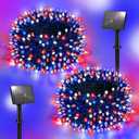 Red White and Blue Lights Solar String Lights Outdoor Waterproof Total 100LED 33FT Memorial Day Decorations 8 Modes for Yard/Patio/Tree, 16.4Ft*2, 50LED*2 for 4th of July Decorations