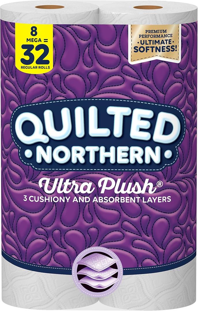 Quilted Northern Ultra Plush Toilet Paper, 8 Super Mega Rolls = 32 Regular Rolls, 3X Thicker*, 3 Ply Soft Toilet Tissue (4 Packs)