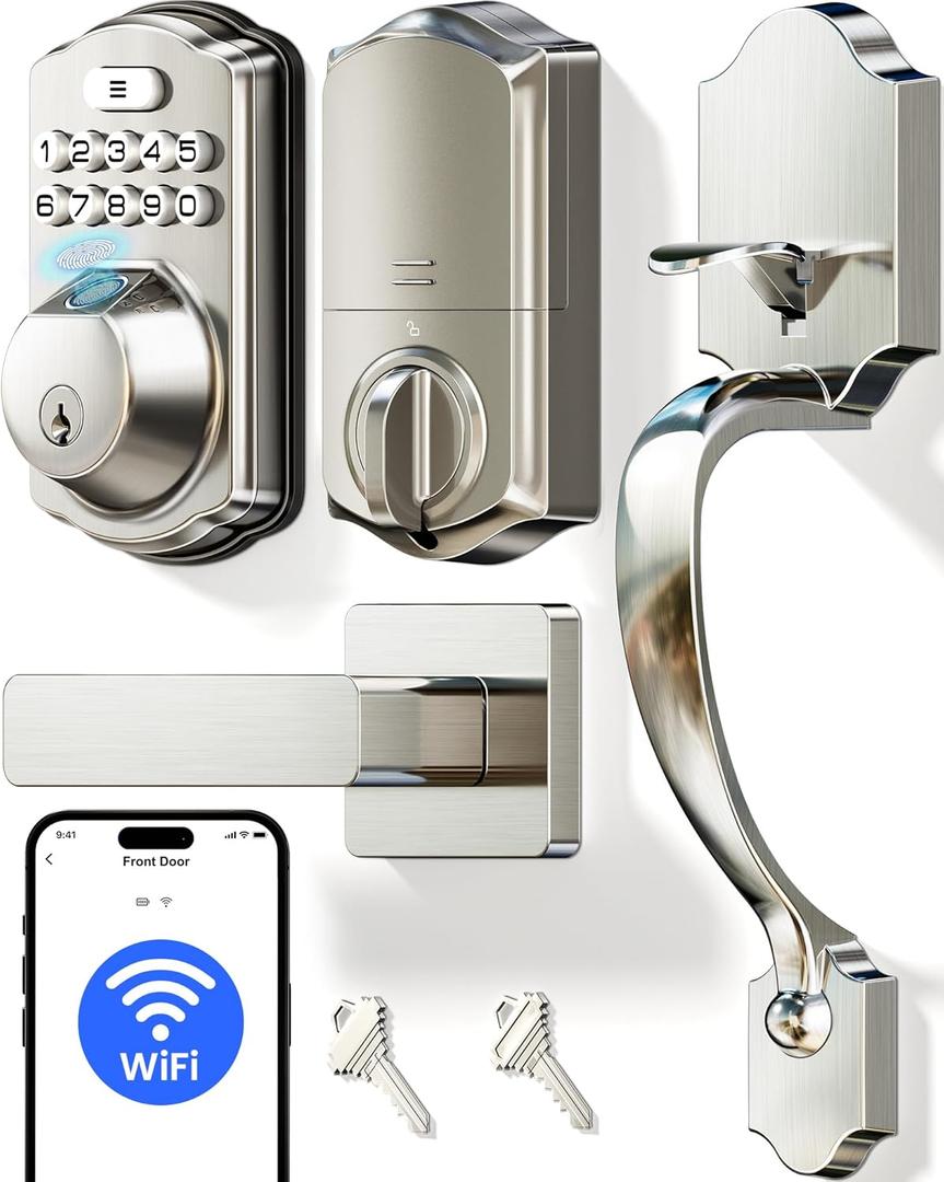 Veise VE012W-H WiFi Smart Front Door Lock Set, Built-in WiFi, App Remote & Voice Control, Fingerprint Keyless Entry Smart deadbolt with Handle, Backlit Keypad, Auto Lock, IP55 Waterproof, Satin Nickel