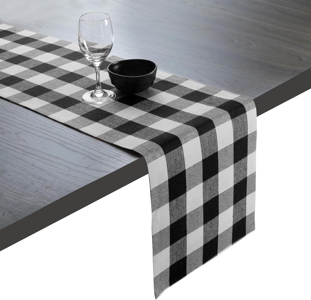Native Fab Table Runner Buffalo Check Plaid 100% Cotton  Inches Kitchen Dining Table Decoration for Indoor Outdoor Farmhouse Home Party Decor - Black and White, Size 13x72in