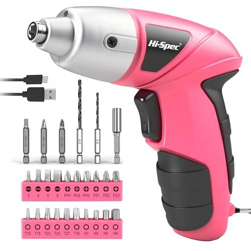 Hi-Spec Small Electric Screwdriver, Mini Drill Set, Rechargeable 3.6V Cordless Screwdriver with 26 Driver Bits, Power Tool for Small Projects & Home Use, Pink