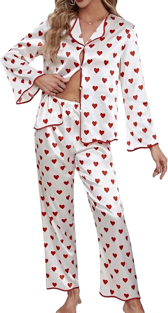 Womens Valentine's Day Pajama Set Heart Print Long Sleeve Stain Button Up Shirts+Pants 2 Piece Sleepwear (Medium)