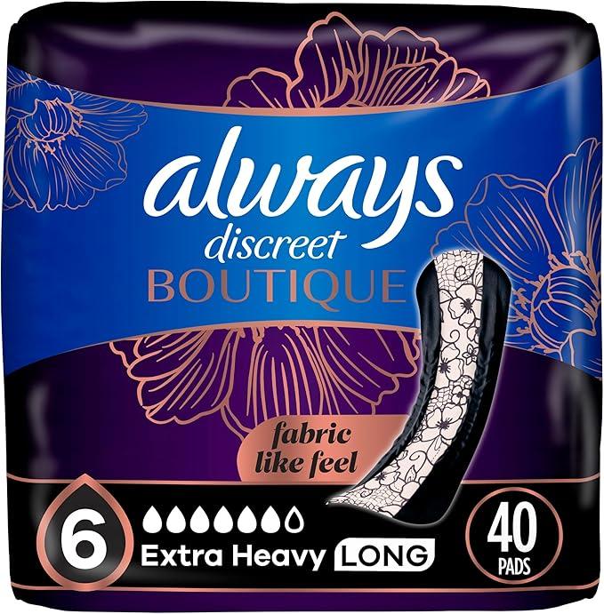 Always Discreet Boutique Incontinence Pads, for Bladder Leaks, Extra Heavy Absorbency, Long Length, Incredible Protection with a Fabric-Like Feel, 40 Count