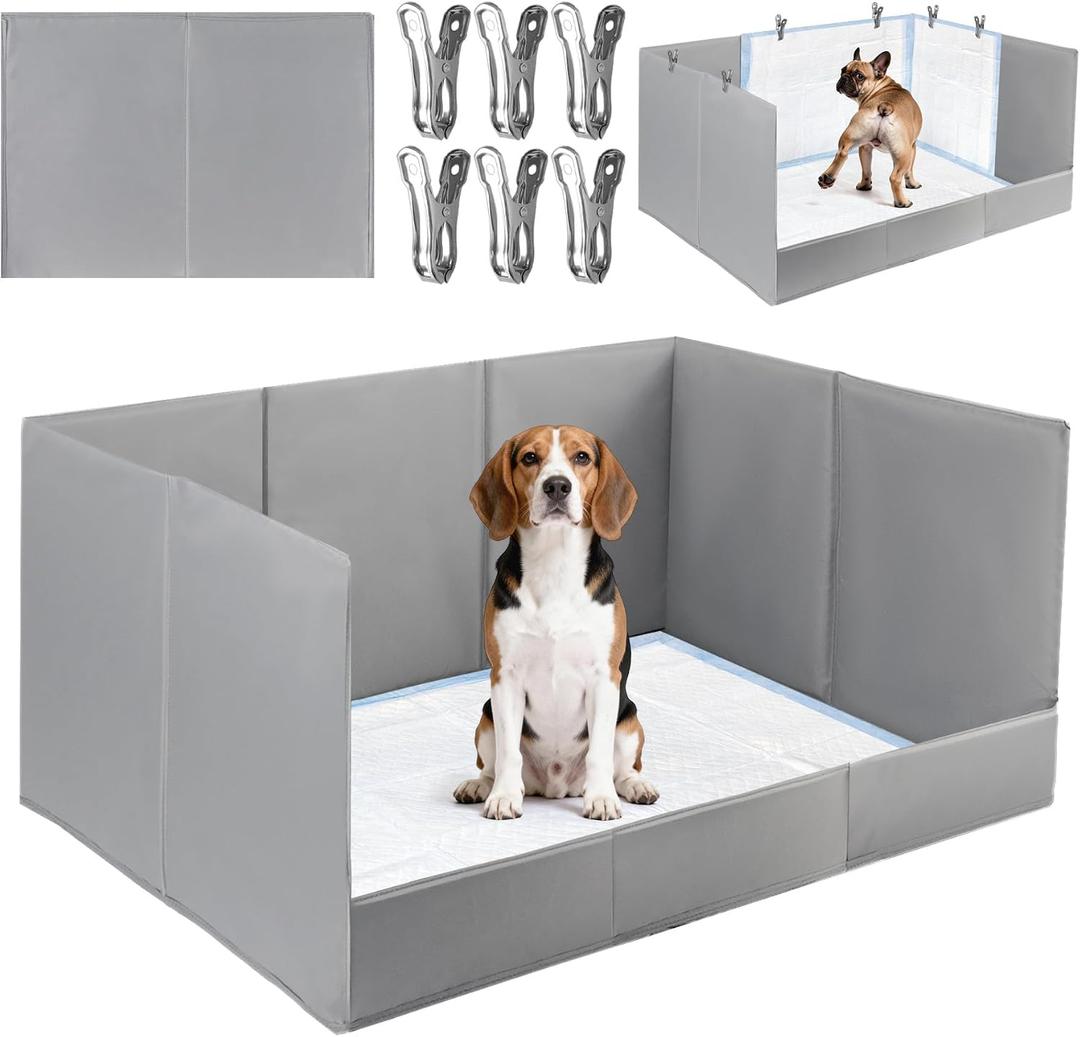 Dog Pee Pad Holder with High Walls, 32.3"x22"x15.7" No-Splash Indoor Dog Potty Box with 6 Clamps, No Assembly Foldable Potty Training Toilet for Large Small Medium Dogs Puppy Potty(Gray2)