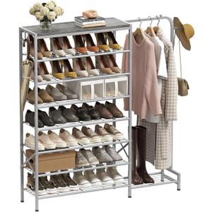 Shoe Rack with Coat Rack, 8 Tier Tall Shoe Storage Organizer with Hooks, 3-in-1, Wooden Top Shelf, Sturdy Frame, Metal Clothes Hanger Stand for Entryway, Closet, Silver