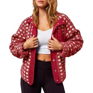 Tankaneo Womens Fleece Sherpa Jacket Fuzzy Checkered Button Down Stand Collar Jacket Winter Warm Outerwear, Medium