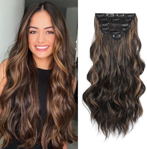 Fliace Clip in Hair Extensions, Highlight balayage dark brown Hair Extensions, Hairpieces, Natural & Blends Well (20inch, 6pcs, Dark roasted coffee & Caraamel brown)