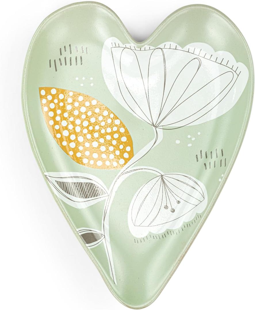 DEMDACO Abstract Floral Design by Kenzie Elston - 6.5 x 4.5 Inch Green/White/Yellow Stoneware Heart Shaped Kitchen Utensil Spoon Rest