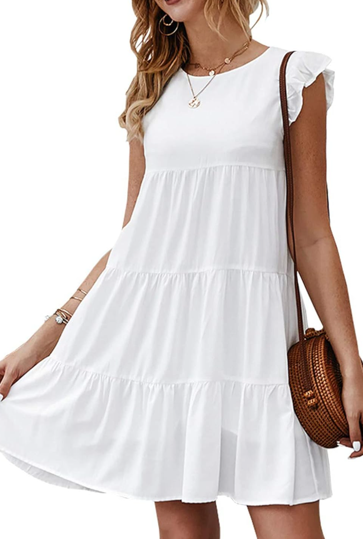 KIRUNDO Women's Summer Dresses Sleeveless Ruffle Sleeve Round Neck Solid Loose Short Flowy Pleated Mini Babydoll Dress,  Color: White, Size: Small