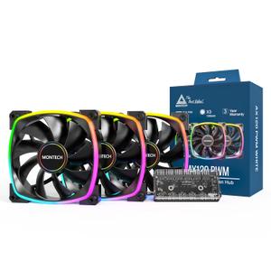 MONTECH AX 120MM - PWM Fan - Silent Performance - High Speed 1600PWM - High-End Durability with HDB Bearing - Stunning Outer Ring ARGB Lighting Design  3 in 1 Pack with 6X6 Fan Hub (AX120-3in1-B) (Black)