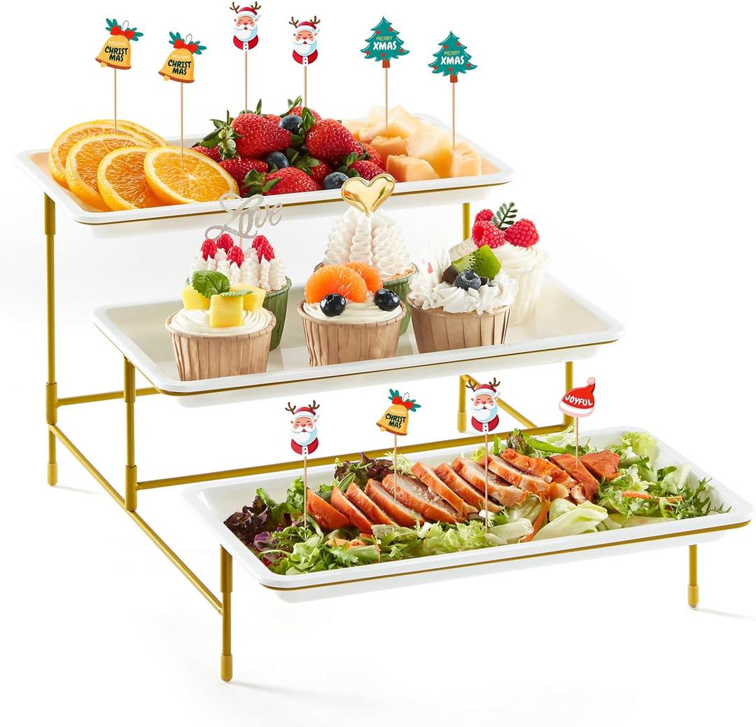 Lifewit Plastic 3 Tier Serving Tray for Party Supplies, 12" x 6.5" Crack-Proof Platters for Serving Food, White Reusable Trays with Gold Metal Display Stand for Veggie, Fruit, Cookies, Dessert