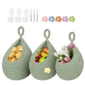 Linchiey Boho Hanging Fruit Baskets for Kitchen with Hooks and Deco Flowers, 3 Pack handwoven Cotton hanging basket, Wall Basket for Vegetable Potato Onion Home Produce Storage (green)