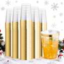 I00000 200 Pack 12 oz Gold Plastic Cups, Clear Disposable Cups, Disposable Plastic Wine Glasses Cocktail Glasses Premium Cups with Gold Rim, 12 Ounce Tumblers for Party & Wedding