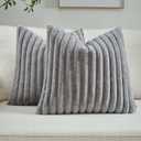 FUTEI Pack of 2 Solid Faux Fur Plush Throw Pillow Covers 20x20 Inch Soft Fluffy Striped Decorative Cushion Cases Modern Farmhouse Accent for Couch Bed Living Room, Grey