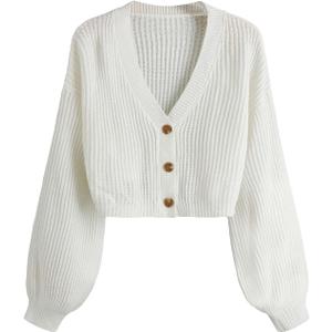 COZYEASE Women's Long Sleeve Button Down Crop Cardigan Sweater Ribbed Knit V Neck Sweater Knit Bolero Shrug (White), S