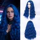24" Long Dark Blue Curly Wavy Wig For Women Heat Resistant Fiber Wigs Halloween Cosplay Daily Party+Cap (Dark Blue)