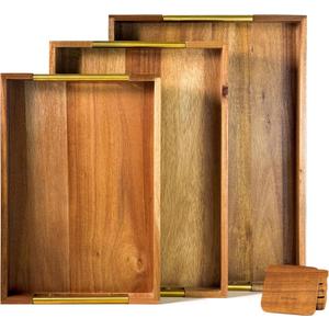 Acacia Wood Serving Tray - Set of 3 with Golden Steel Handles 18", 16" & 14" with 6 Coasters - for Coffee Table, Ottoman in Living Room, Breakfast in Bed, Jewelry, Decorative
