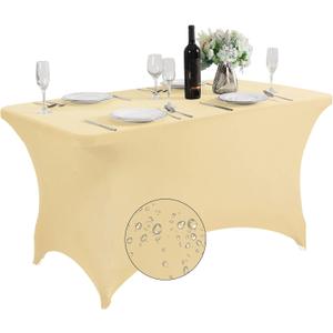 SuperO Waterproof Spandex Table Cover for 4FT Table Universal Fitted Stretch Tablecloth for Party, Banquet, Wedding and Events-Champagne (48" x 28.8" (Rectangular))