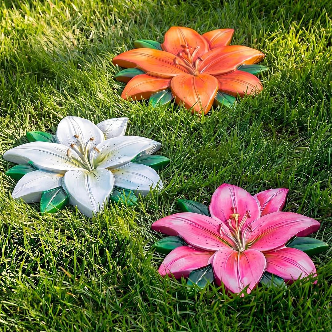 Cinnvoice 3 Pack Garden Stepping Stone Outdoor, Decorative Dimensional Resin Stepping Stones for Patio Pathway Landscaping Walkway Sculpture Yard Backyard Lawn(Lily,10 Inches)