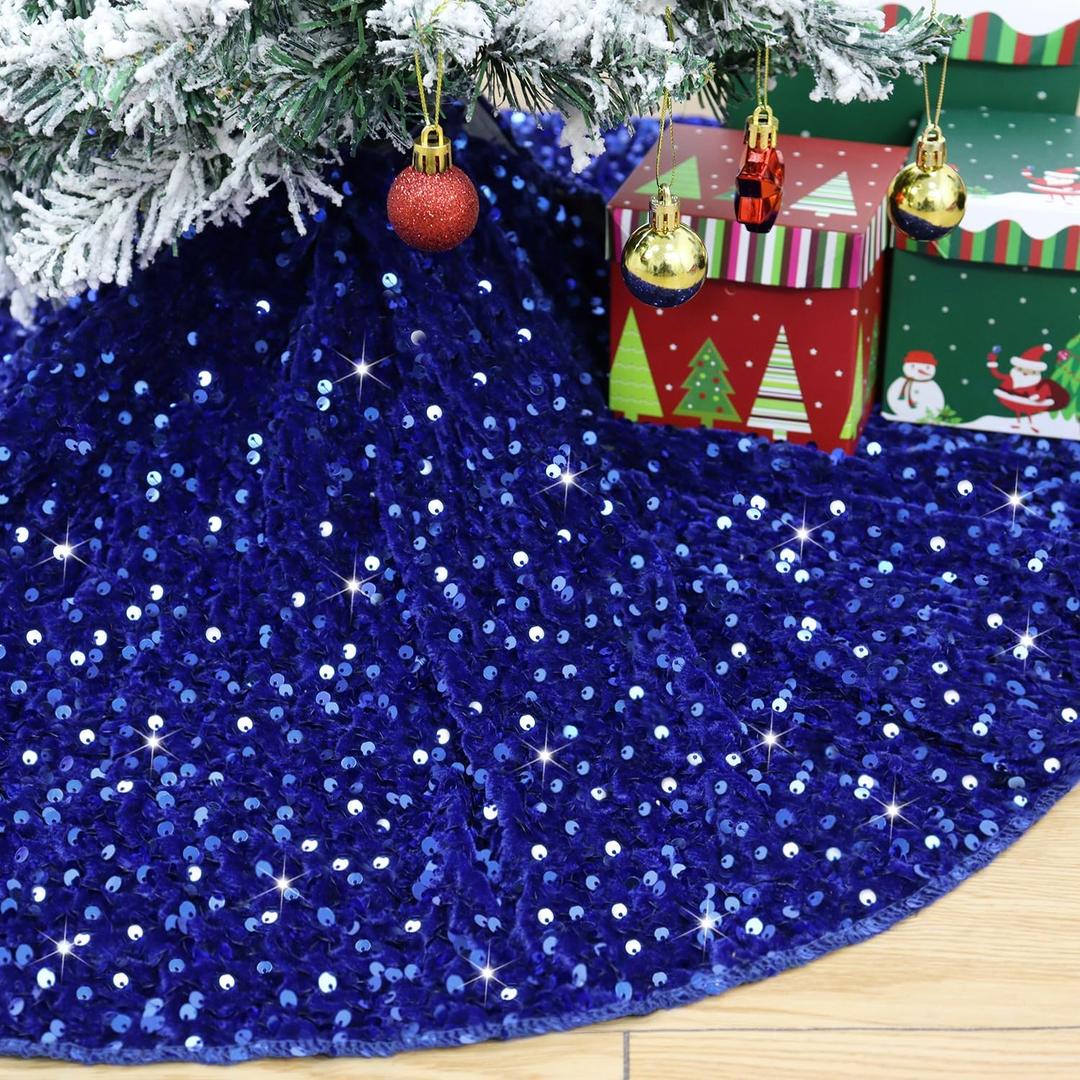 36 Inch Royal Blue Christmas Tree Skirt Sparkly Velvet Xmas Tree Skirts Glitter Tree Skirt Christmas Decoration Sequin Metallic Tree Skirts Round Tree Mat for Christmas Eve Party New Year