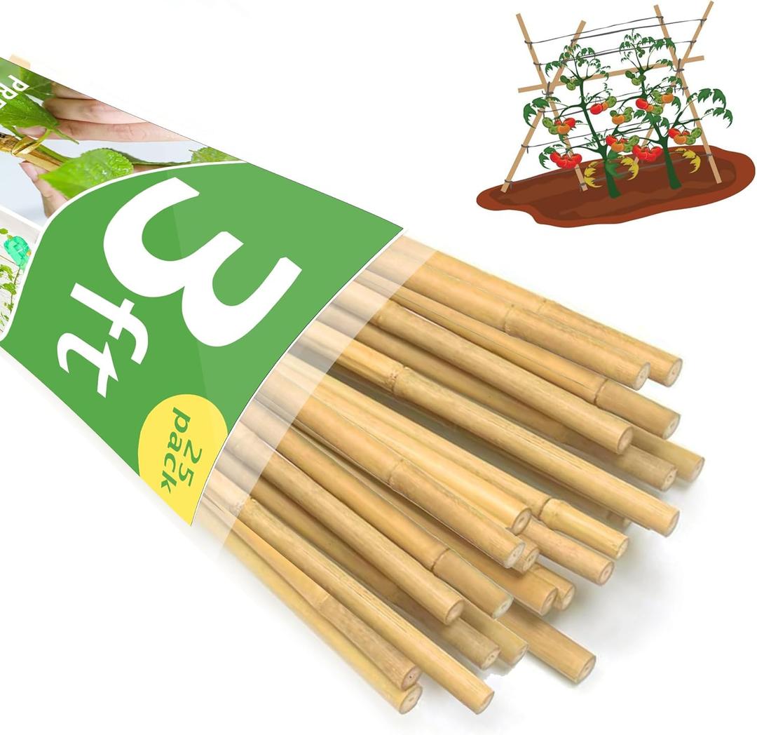 Garden Stakes 3ft, 36 inch Natural Bamboo Plants Stakes, Thicker Sturdy Plants Support Stakes 25 Pack for Tomatoes, Beans, Flowers, Potted and More Climbing Plants