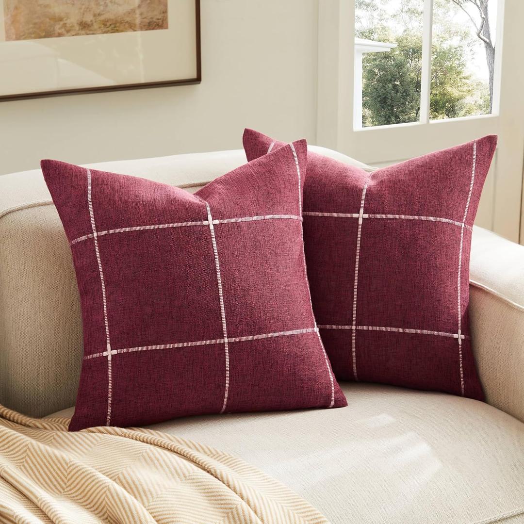 2 Packs Grid Embroidery Throw Pillow Covers, 22x22 Inch Burgundy, Farmhouse Linen Decorative Red Cushion Covers for Sofa Bed Living Room Home Decor