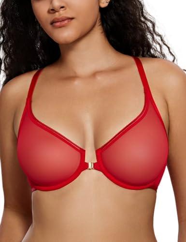 Deyllo Women's Front Closure Plunge Underwire Bra Mesh Unlined Racerback Bra for Everyday Wear, Red, 75D