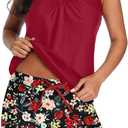 Aqua Eve Two Piece Women's Tankini Swimsuits Blouson Swim Tank Top with Shorts Modest Bathing Suits (20W, Red Flower & Black)