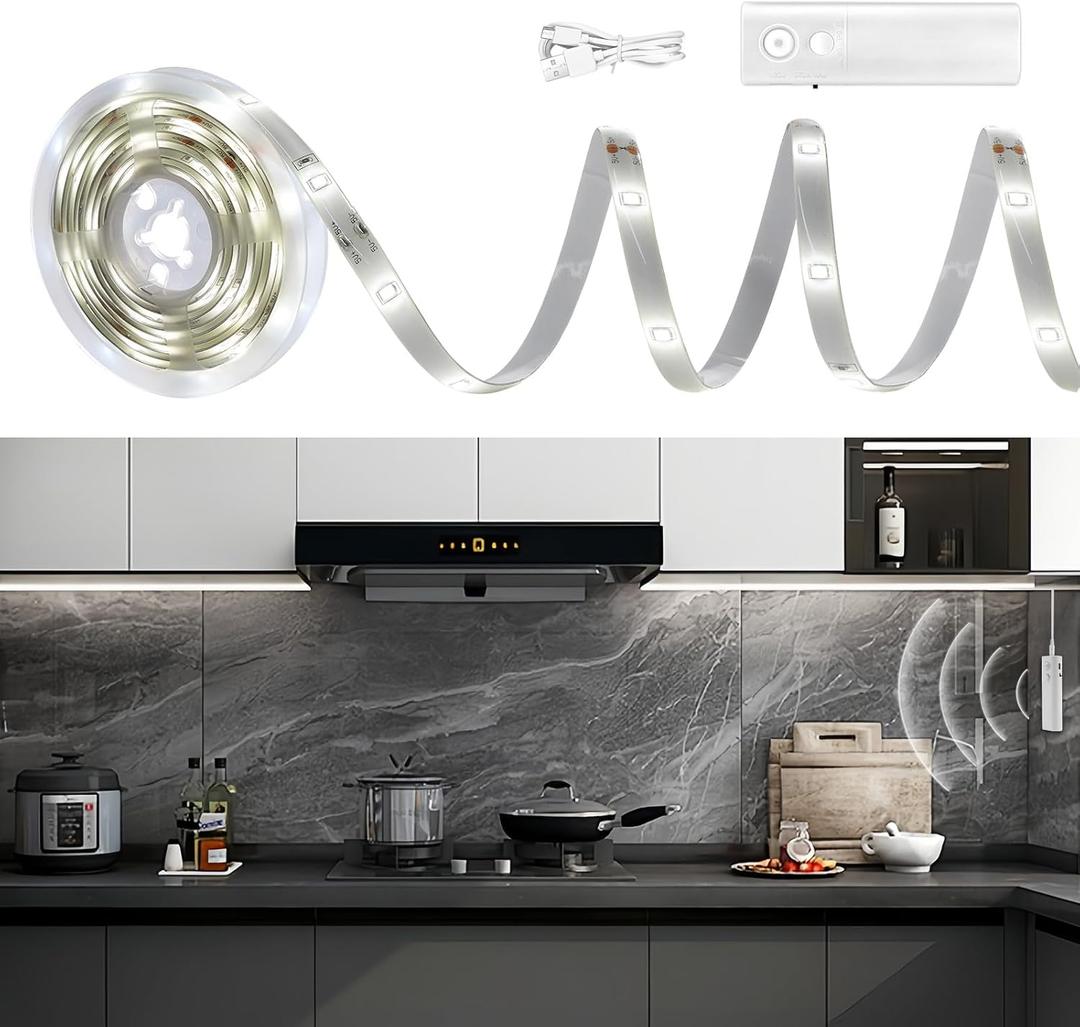 Rechargeable LED Strip Lights for Cabinets - LUXJET 2M Cool White Motion Sensor led Strip Lights for Bedroom, Kitchen, Under Cabinet, TV, Stairs, Door Frame (1Pack)