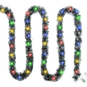 16.4 Ft Christmas Tinsel Garland,1 Pack Dark Green Frost Tip Metallic Garland with 50 Colored LED Lights,Artificial Xmas for Indoor Outdoor Tree Decoration,Holiday Party Supplies