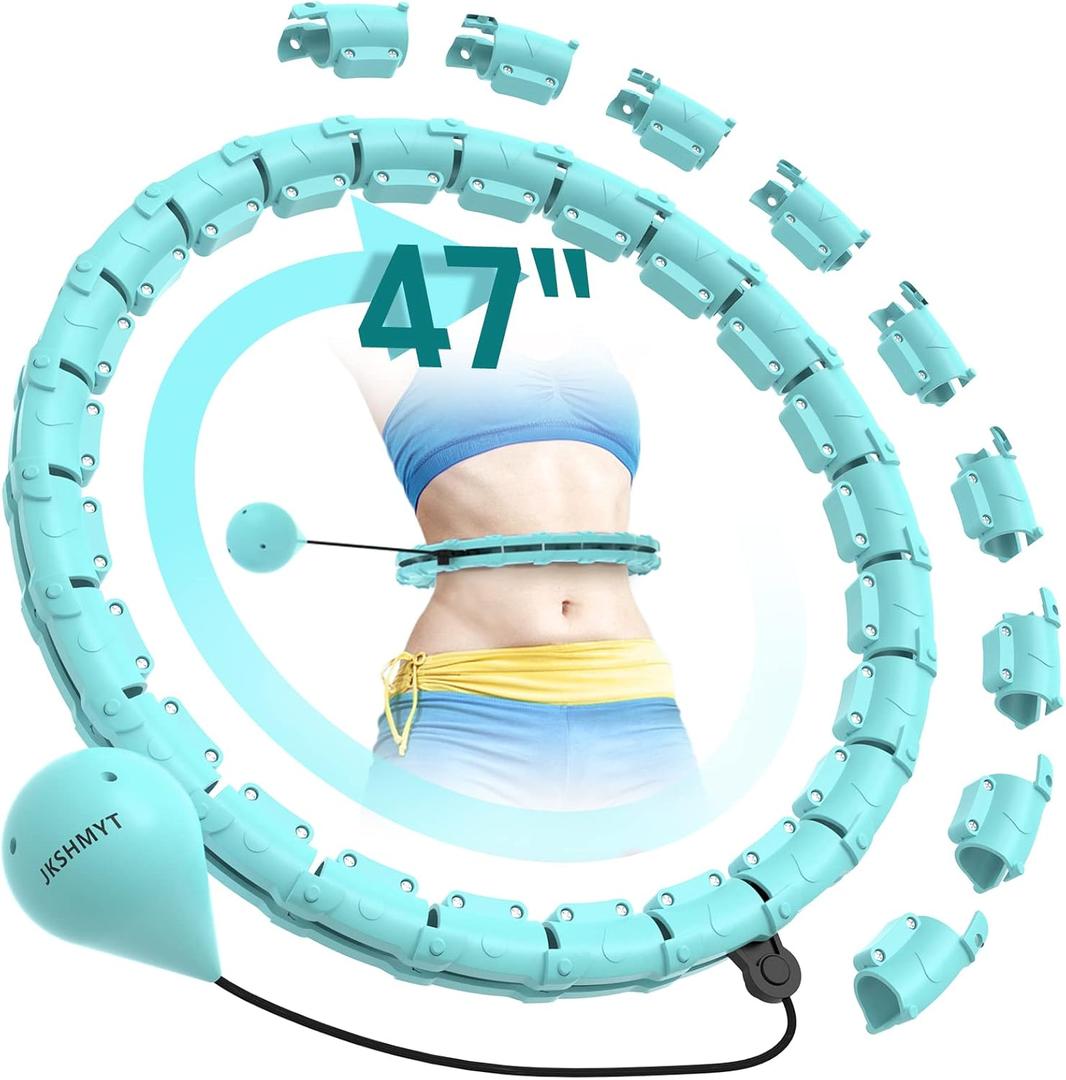 JKSHMYT Weighted Hula Circle Hoops for Adults Weight Loss, Infinity Fitness Hoop Plus Size 47 Inch, 24 Detachable Links, Exercise Hoop Suitable for Women and Beginners (Cyan)